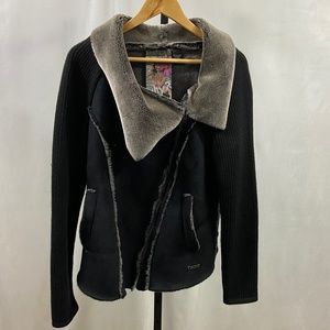 Desigual Jacket Black faux suede and wool faux fur collar